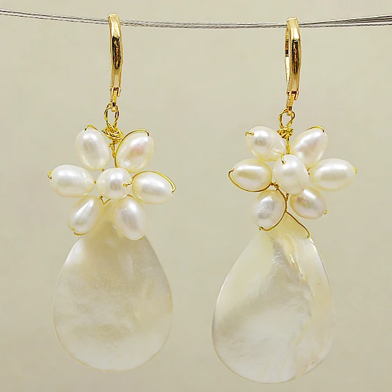 Perfect Ral Shell  Natural Pearl Flower Jewellery,White Freshwater Pearls Sea Shell Dangle Earrings,Wedding Birthday Girl Gift