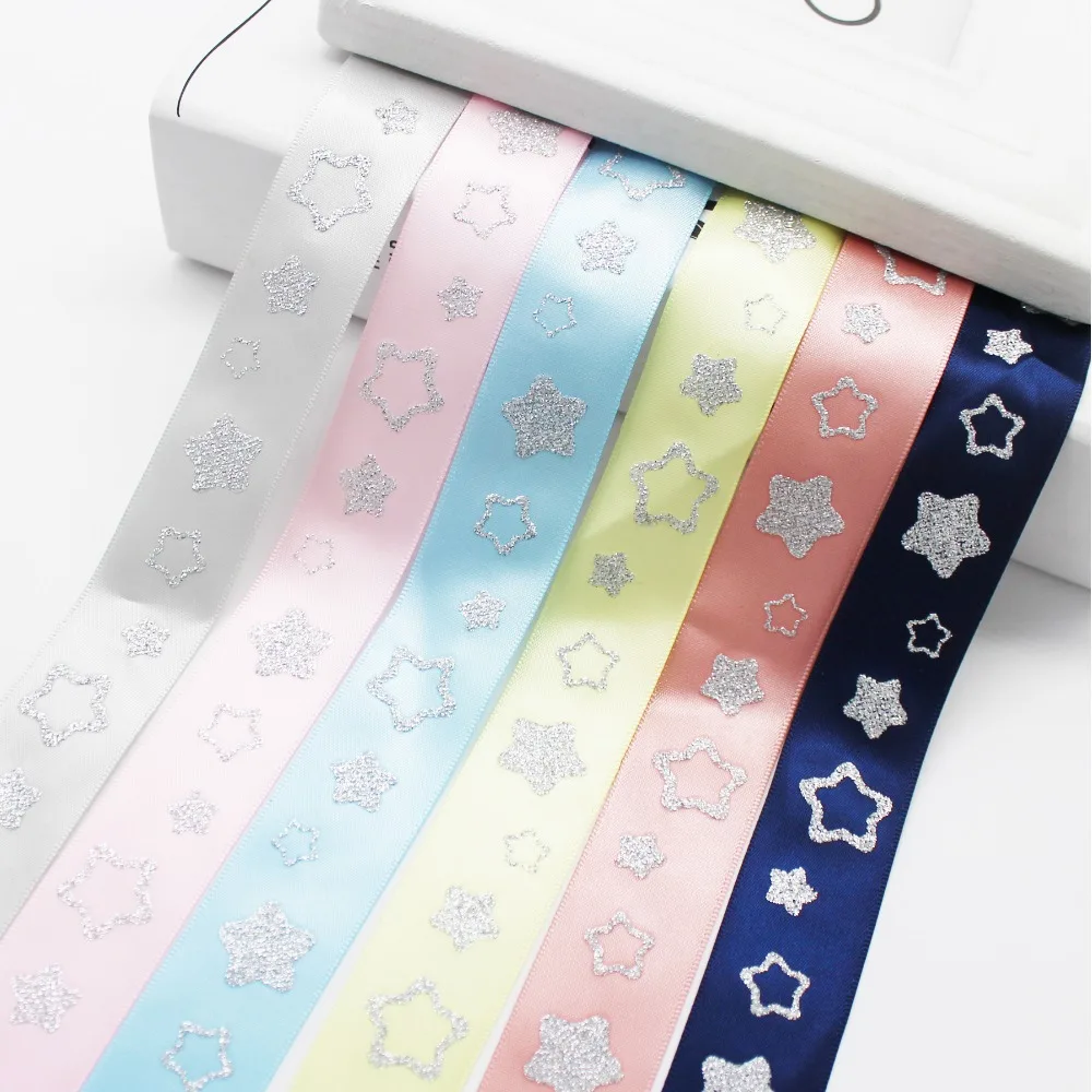 

1 Inch 25 MM Satin Ribbon Printed Hot Silver Star Ribbon Wedding DIY Crafts Tape 6 Colors