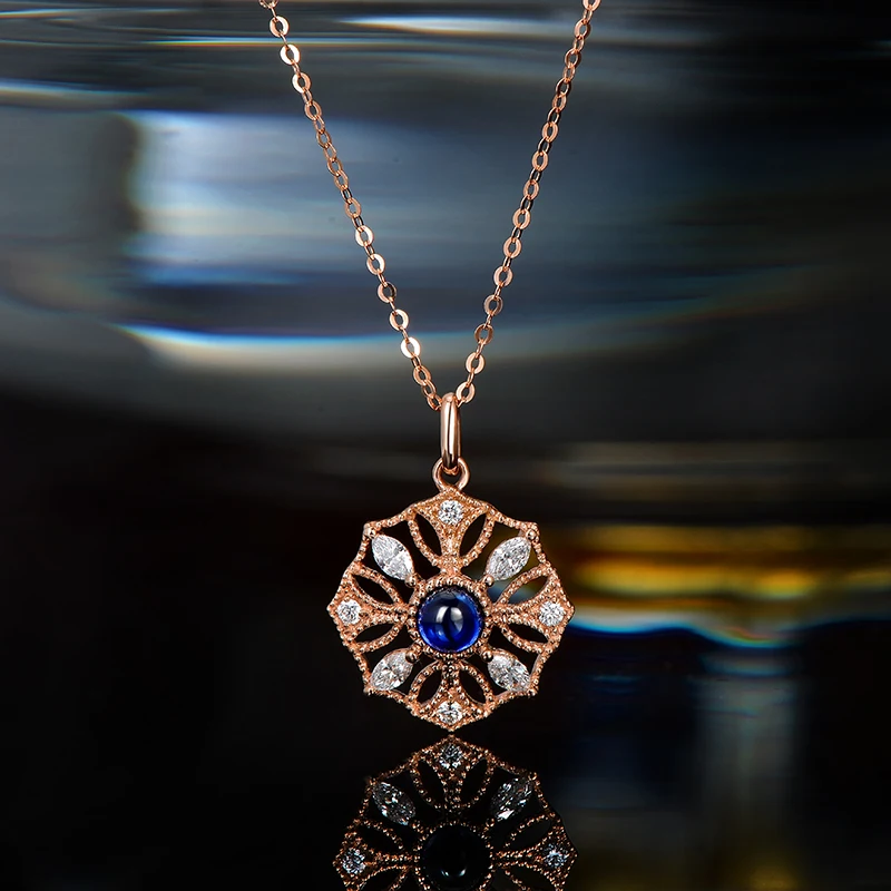 Caimao Milgrain Bezel Natural Cabochon Cut Blue Sapphire Diamond Pendant 14kt Rose Gold Exquisite Chain Antiquejewelry