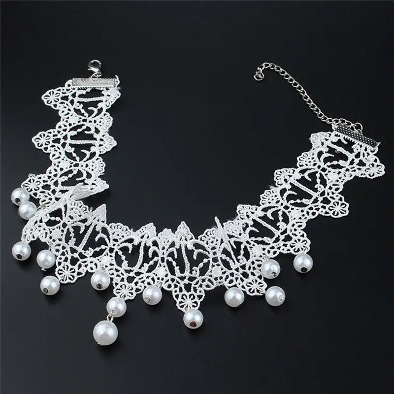 Bridal Jewelry New Fashion Elegant Vintage Imitation Pearl White Lace Statement Choker Necklaces For Women Wedding