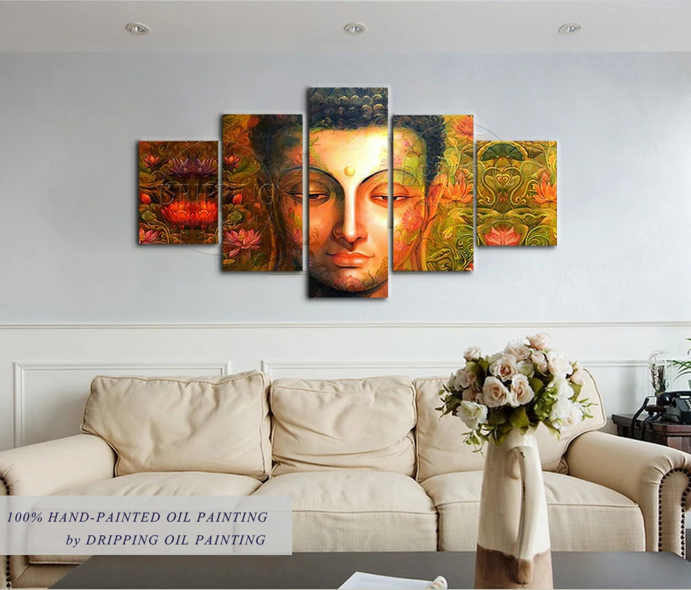 Beautiful Modern Wall Art Hand-painted High Quality Buddha Head and Lotus Oil Painting on Canvas 5 Pieces Buddha Oil Painting