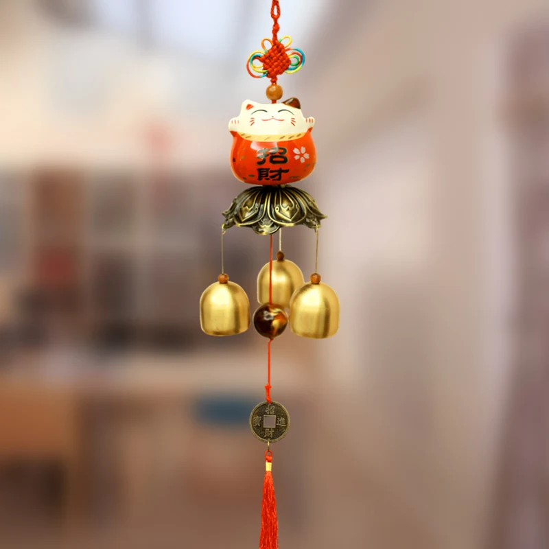 1 string Pure Copper Customized Ceramic Lucky cat Hanging Wind Bell Safe Luck Pendant Chimes Hanging