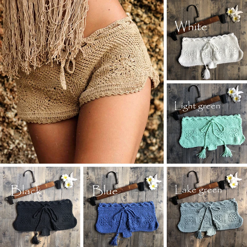 Short de plage en tricot crocheté pour femmes, style bohème, sexy, motif floral, amissié, couleur unie, slim, mini, pour vacances d\'été