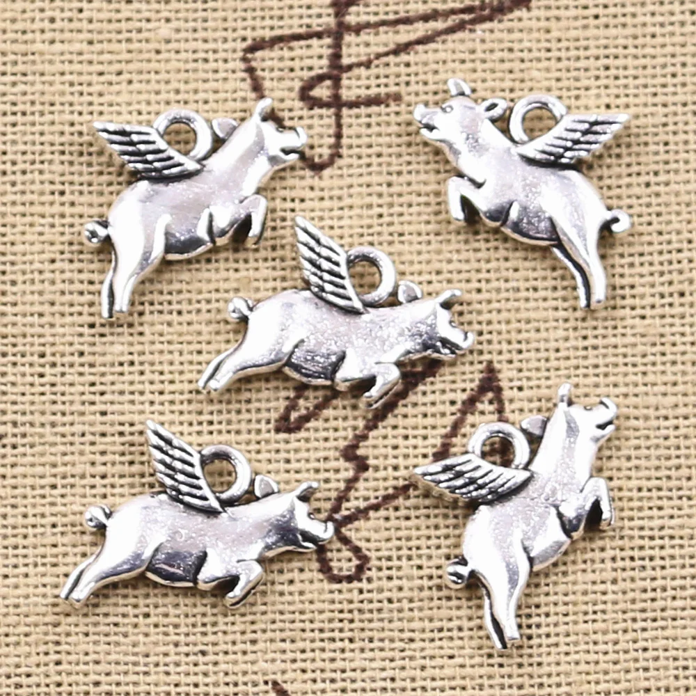 15pcs Charms Flying Pig 15x18mm Antique Silver Color Plated Pendants Making DIY Handmade Tibetan Silver Color Finding Jewelry