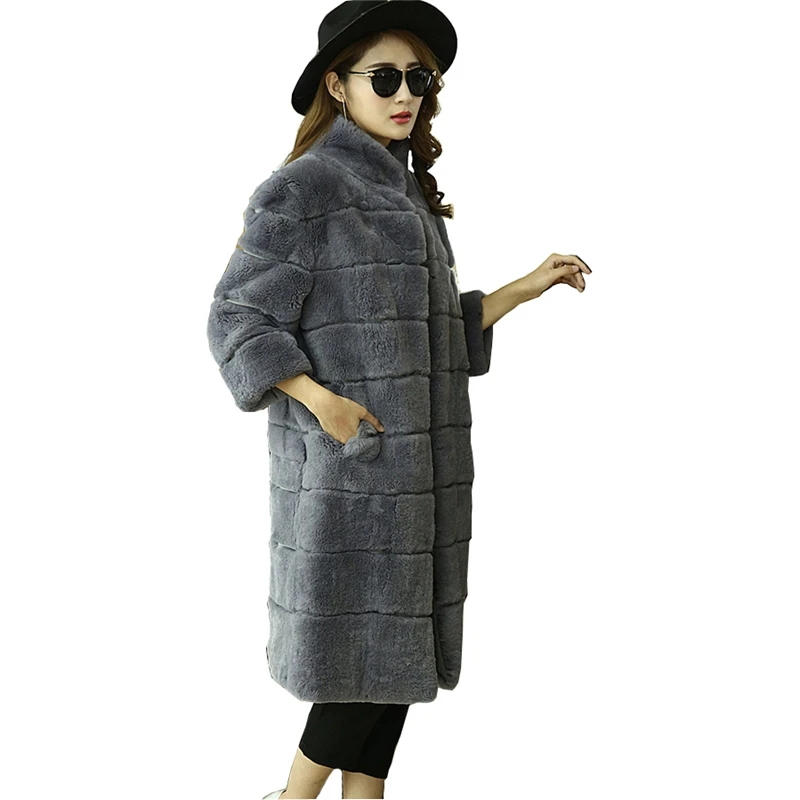 

Luxury Real Rex Rabbit Fur Coat Jacket Autumn Winter Women Fur Trench Outerwear Coats Plus Size 4XL 5XL VF4055