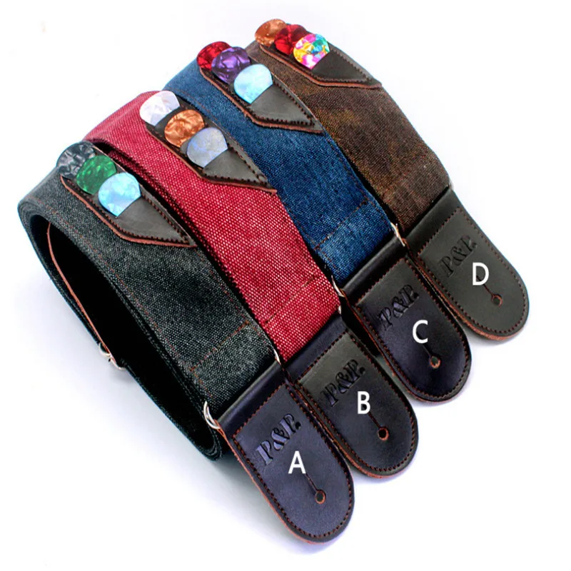 1Pcs P & P Leder Denim Gitarre Straps Mit Pick Halter Taschen Einstellbare Länge Für Bass Akustische Elektrische Gitarre Zubehör teile