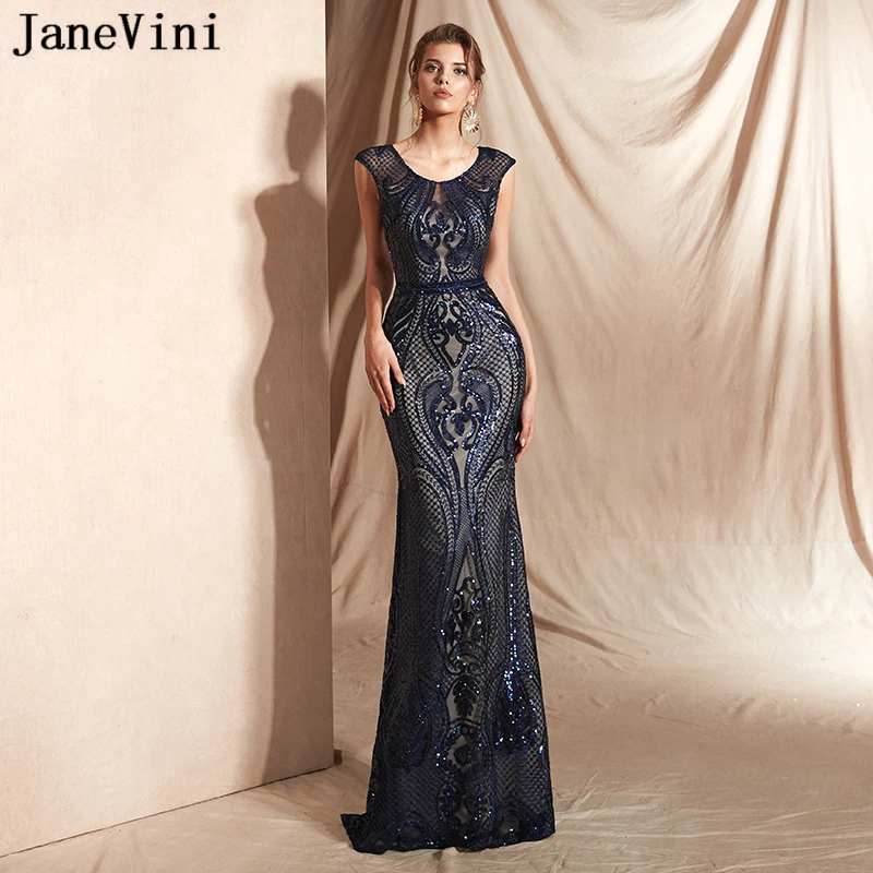 JaneVini Navy Blue Sexy Mermaid Long Prom Dresses 2019 Scoop Neck Cap Sleeves Sparkling Sequined Sweep Train Formal Party Gowns