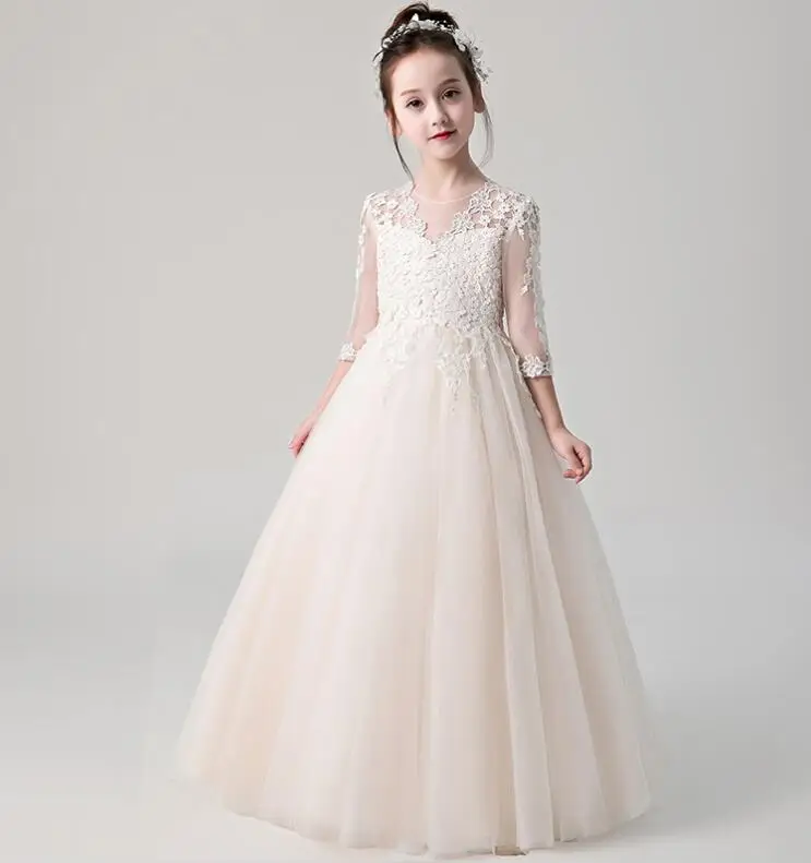 Floral Lace Flower Girl Princess Dress Lace Sleeve Party Birthday Wedding Dress Toddler Girl Baptism Party First Communion Gown