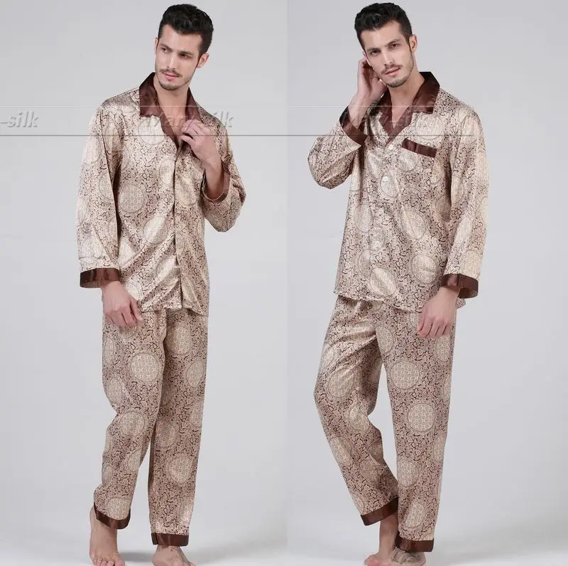 Mens Silk Satin Pajamas Set  Pajama Pyjamas PJS  Set  Sleepwear Loungewear  U.S.S  M  L XL 2XL 3XL Blue Brown