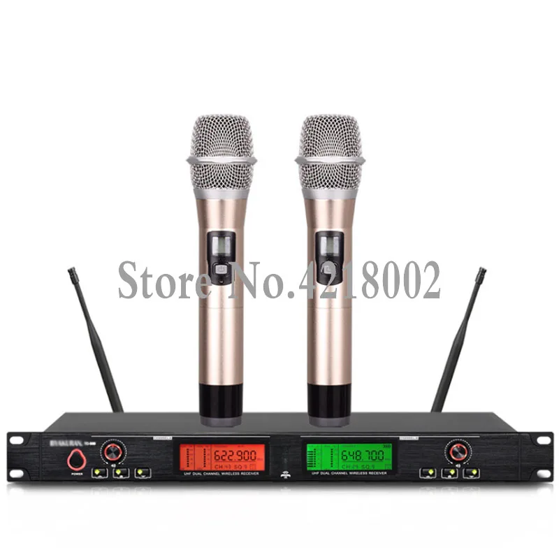 UHF 2 Handheld Mic Transmitter Professional Karaoke Wireless Microphone System Set with Black or Light Gold 2 Mic 1 Receiver