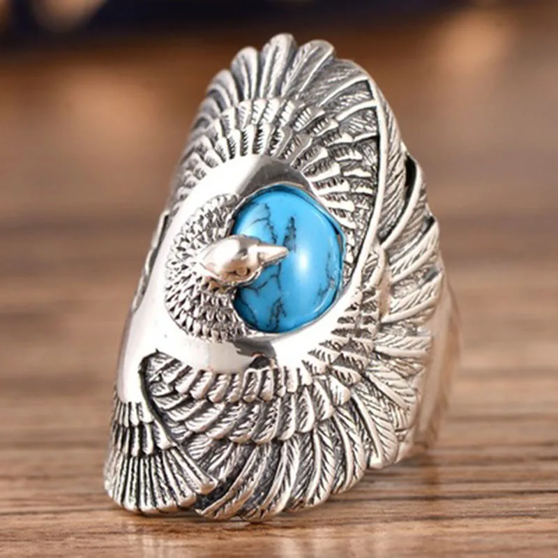 100% Real 925 Sterling Silver Ring with Natural Turquoises  Hand Carved Eagle Wings Rings for Unisex Thai Silver Jewelry