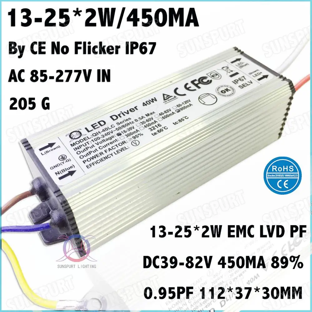 

3 Pcs TUV-CE No Flicker PF IP67 40W AC85-277V LED Driver 13-25x2W 450mA DC39-82V Constant Current For Ceiling Lamp Free Shipping