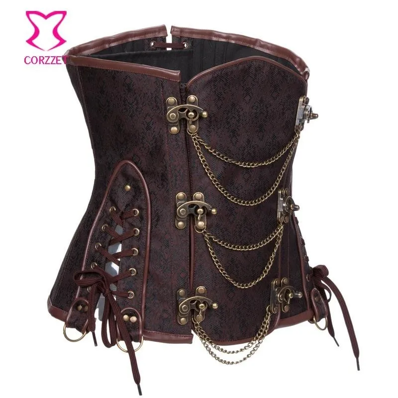 Corzzet Chất Lượng Cao Thời Trang Nâu Underbust Gothic Dây Chéo Nữ Dây Chuyền Phong Cách Khoa Học Viễn Tưởng Nịt Và Áo Ngực Quần Lót Plus Kích Thước 6XL