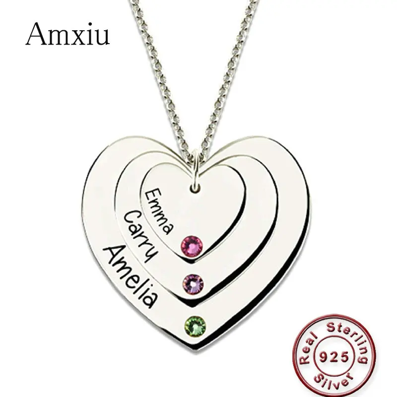 Amxiu Personalized Three Heart Pendant Necklace 925 Sterling Silver Necklace Engrave Name Necklace with Birthstone Women Jewelry