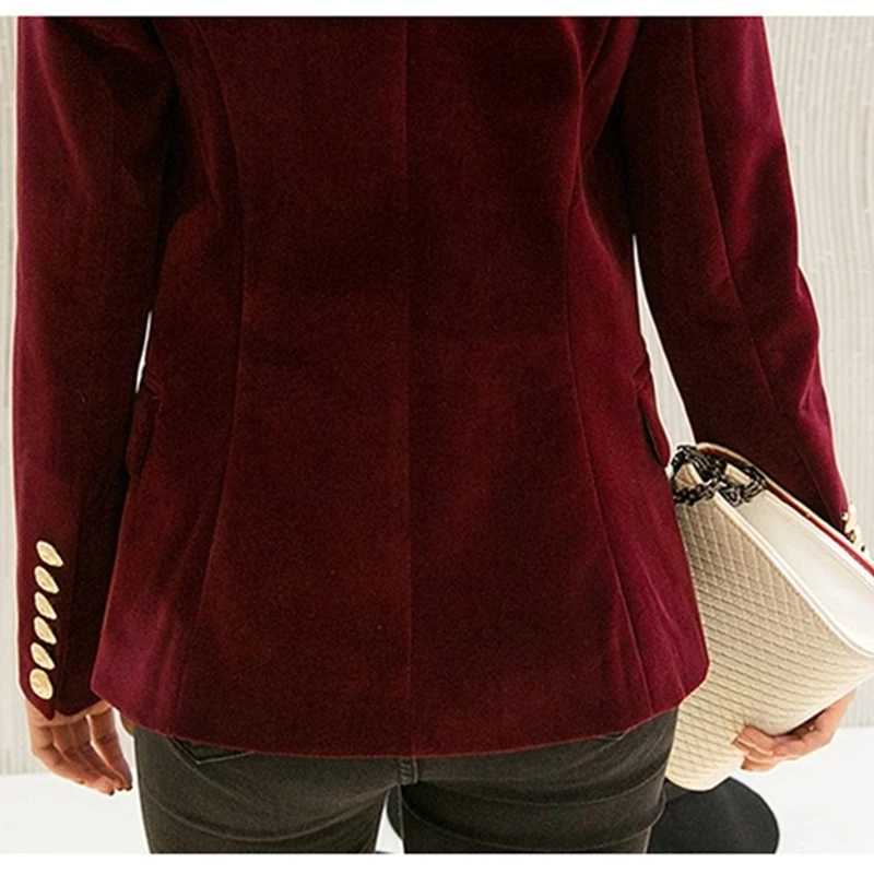 New Spring Fashion Slim Wine Red Velvet Blazer Jacket Women Double Breasted Simple Lady Blazers OL Female Party Coat Clothing