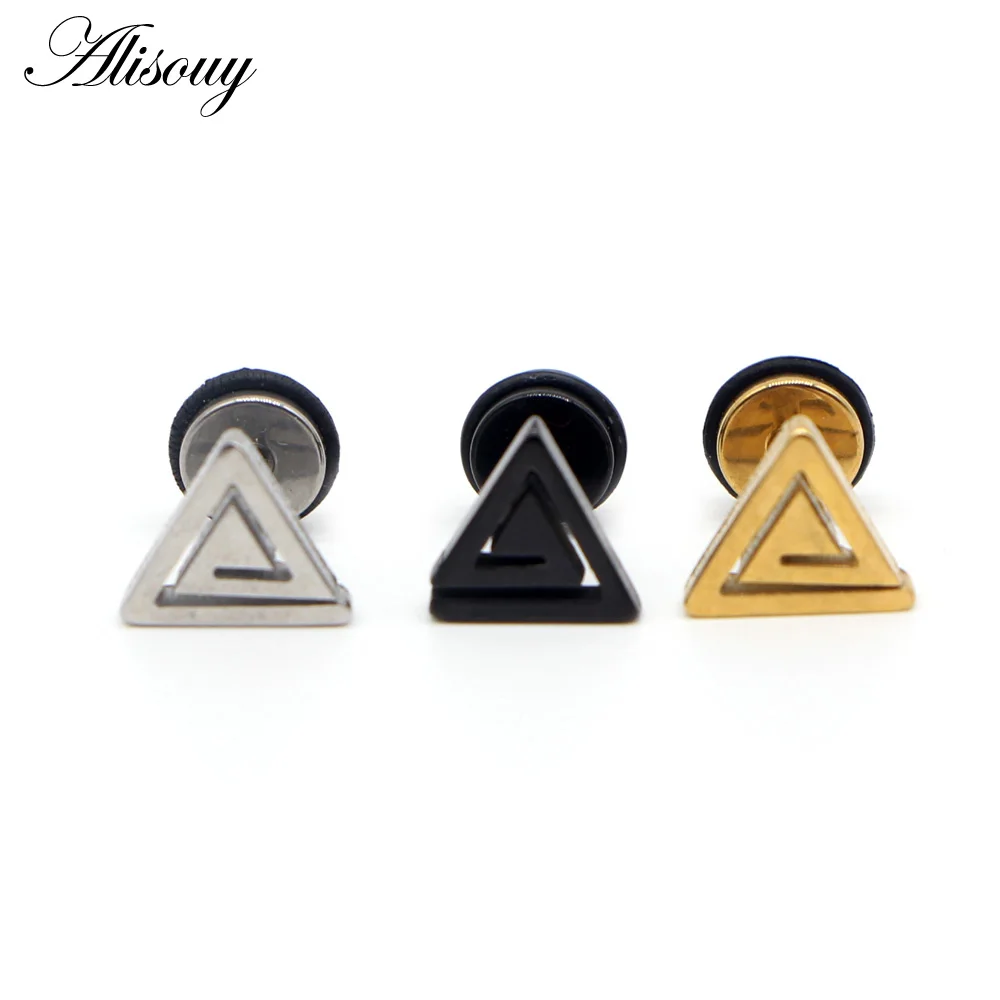 Alisouy 2pcs Casual Stainless Steel Triangle Design Stud Earrings Black Gold Color Man Fashion Jewelry Male Earrings