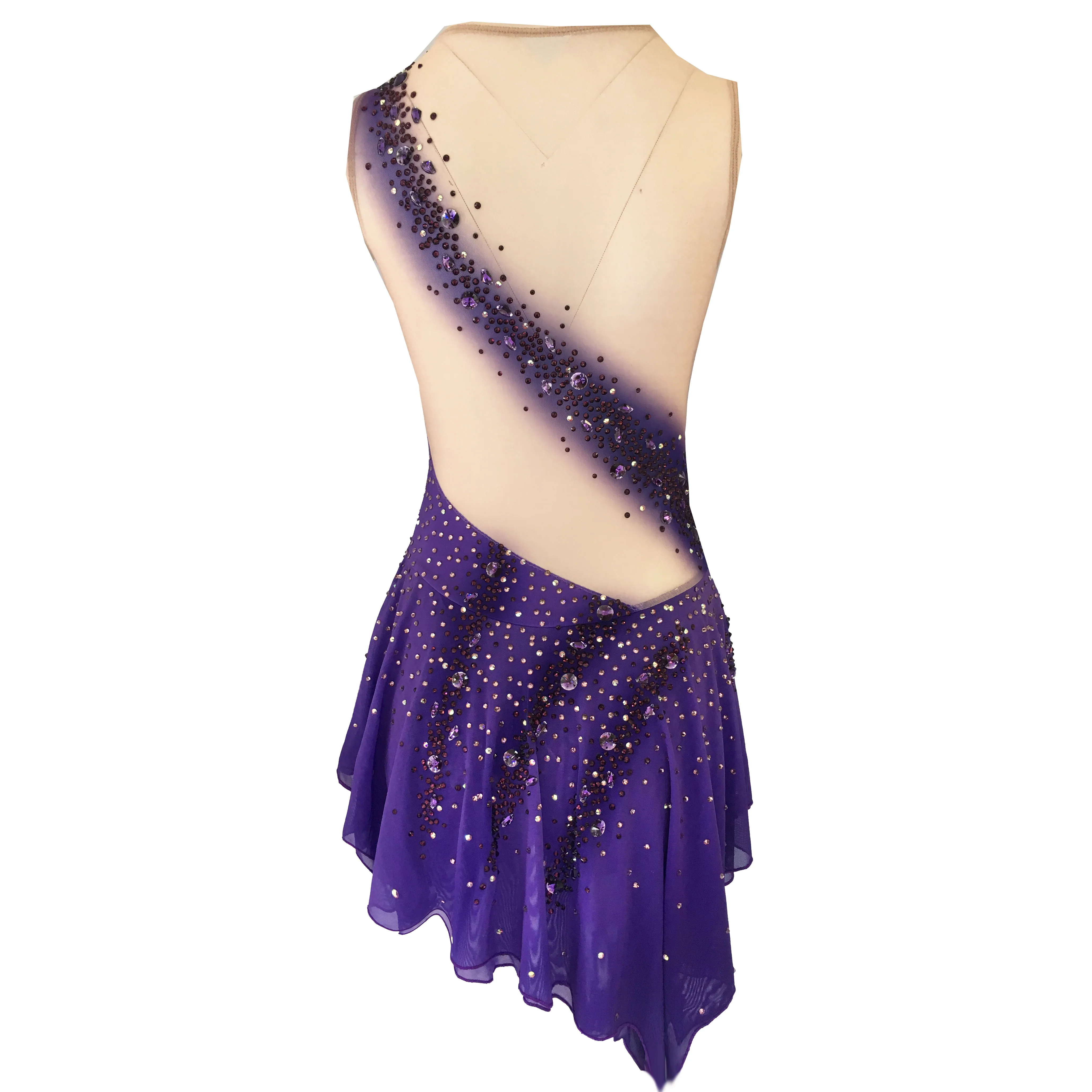 Purple Figure Skating Dress,Sleeveless Ice Skating Skirt,Spandex Competition Dresses,Half Collar Mesh Skirt