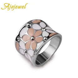 Ajojewel Brand Scarves Buckle Beautiful Silver Color White & Black/ Pink Enamel Women Rings Flower With Crystal