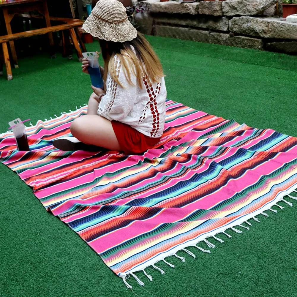 OurWarm Mexican Party Supplies Serape Cotton Tablecloth Table Runner Felt Banner Paper Fan for Wedding Birthday Decoration