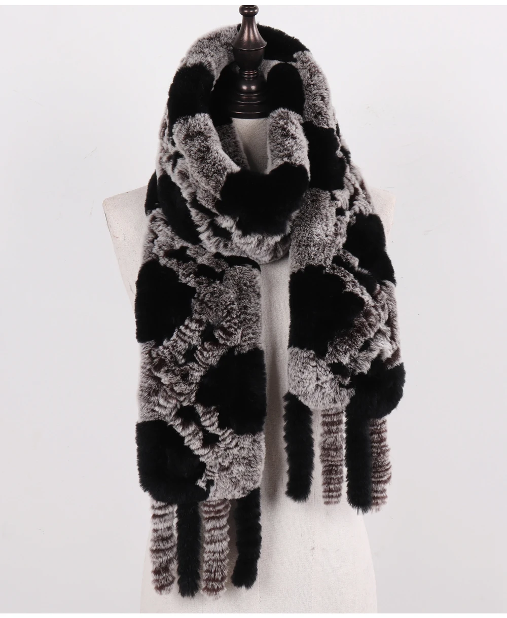 Neue Damen-Schals aus 100% natürlichem Rex-Kaninchenfell, langer Stil, gestrickte Rex-Kaninchenfell-Quastenschals, warme Echtfell-Schals für den Winter. – Detail 23