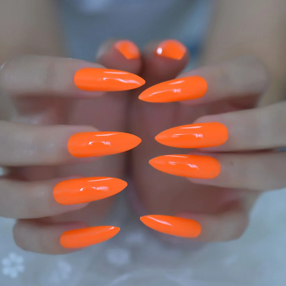 Neon Fake Nails Extremely Long Bright Orange Shiny Press On Nail Carnival Style Decoraion Manicure Tips Salon Nails 24