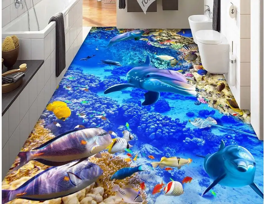 

3d floor wallpapers Sea World Dolphin Custom Photo self-adhesive 3D floor PVC waterproof floor Home Decoration