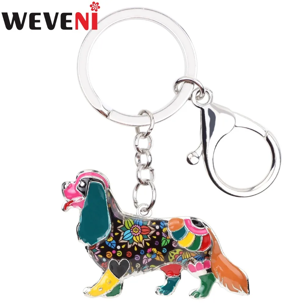 WEVENI Enamel Cavalier King Charles Spaniel Key Chain For Women Handbag Charm Key Ring Dog Key Holder Bijoux Jewelry Accessories