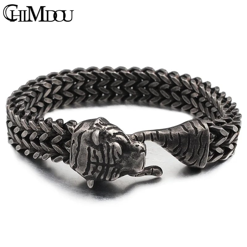 CHIMDOU Punk Rock Black Color Stainless Steel Mens Chain Link Bracelets Tiger head Bracelets Turkish Men Jewelry AB675