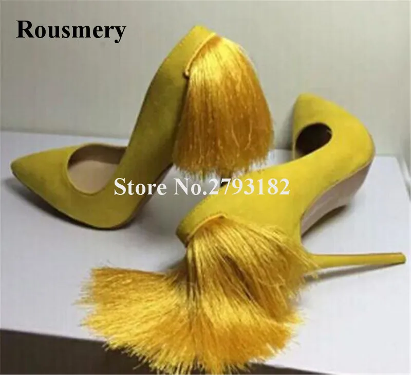 Women Charming Suede Leather Pointed Toe Back Tassels Pumps Pink Yellow Purple Fringes High Heels Formal Dress Shoes