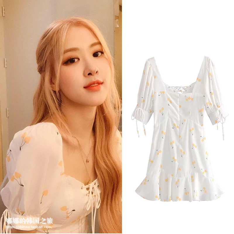 

kpop ROSE same Fresh sweet High waist dress women summer korean streetwear Harajuku dew Back Puff sleeve girl dresses