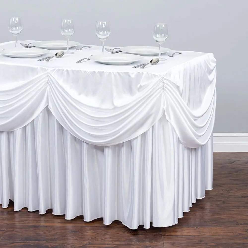 

White luxury Table Skirt With Swag for Wedding Use Wedding Table Skirting with drape