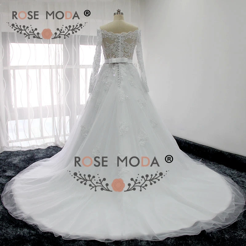 Rosa moda fora do ombro mangas compridas vestido de casamento do laço com arco removível fotos reais feito sob encomenda