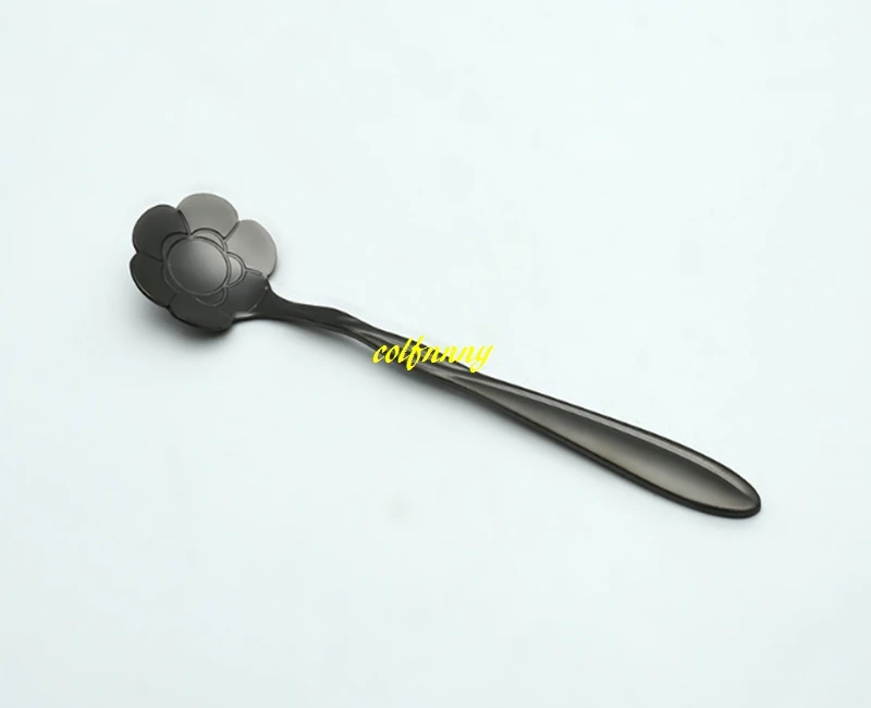 200pcs/lot 12.5x2.5cm Stainless Steel Flower Coffee Spoon Tableware Creative Black Sugar Stirring Mixing Tea Spoon gift