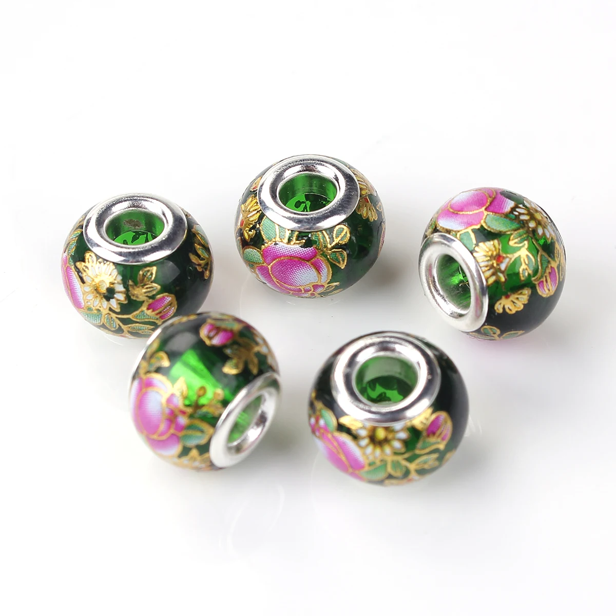 Glass Vintage Japanese Tensha European Style Large Hole Charm Beads Round silver color Plated Sakura Flower About 14mm, 5 PCs