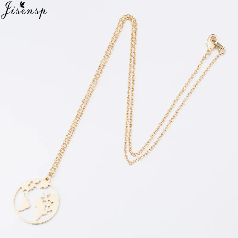 Jisensp Stainless Steel Origami World Map Necklace for Women Simple Jewelry Round Necklaces Pendants Earth Day Gift bijoux femme
