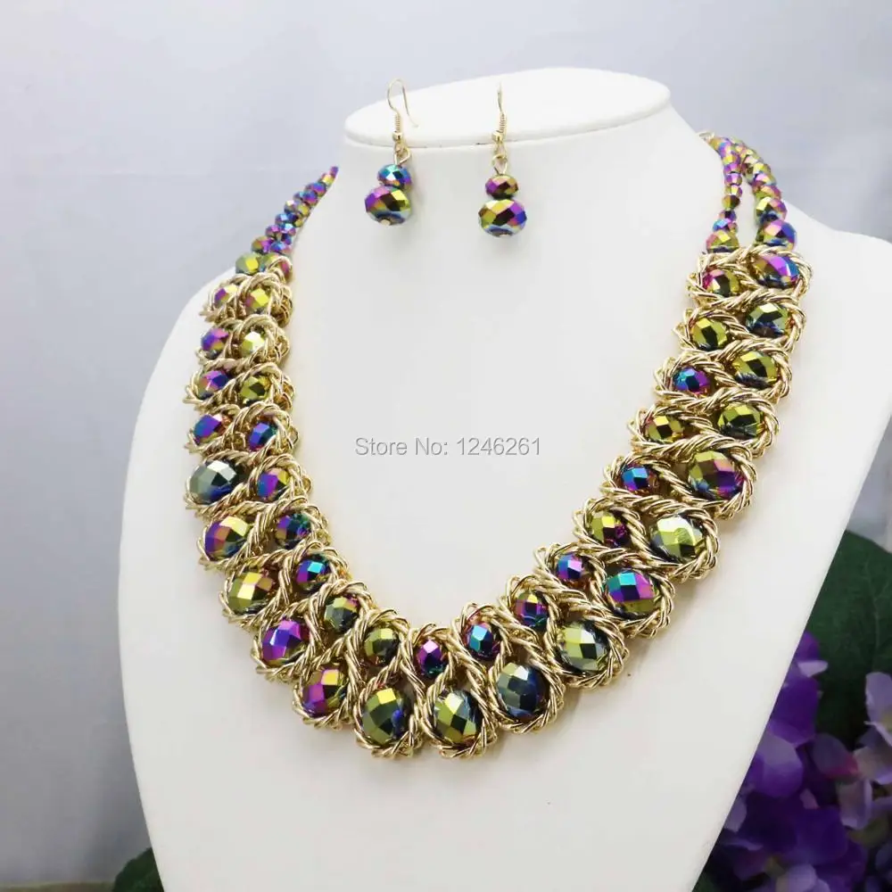 Hot Sale Colorful Crystal Glass Beads Necklaces&Earrings Sets For Women Girls Gilfs Chain 3Row DIY Jewelry Design Crafts 18inch