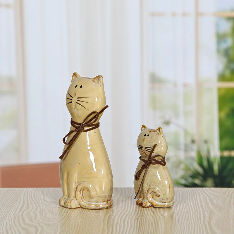 2PCS Home decor ceramic crafts Kiln changed single - colored glazed porcelain mother cat and baby cat