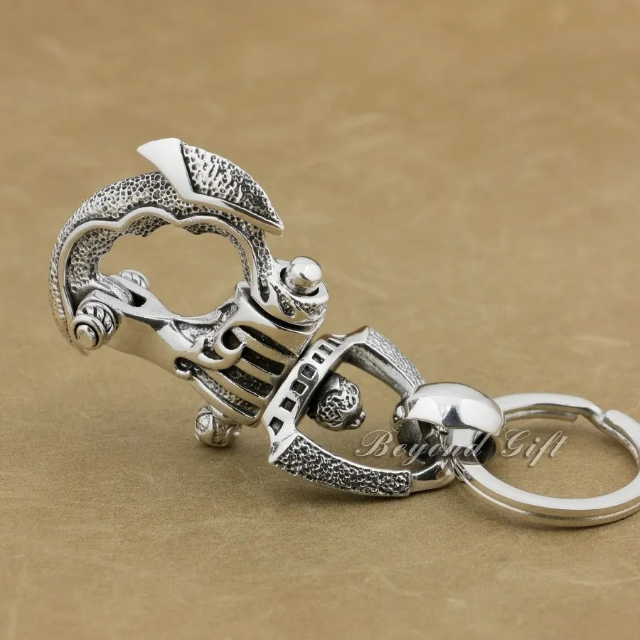 Huge Heavy 925 Sterling Silver Armor KeyRing Mens Boys Biker Rock Punk Keychain Belt Clip 8J018