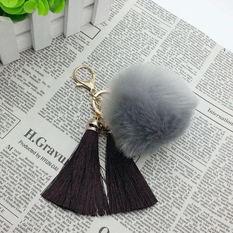 Women Bag Silk Tassels KeyChain Pom Pom Fur Key Chain - New with 2 Tassels 8cm Pomom For Bag Car Key Ring Jewelry #16011