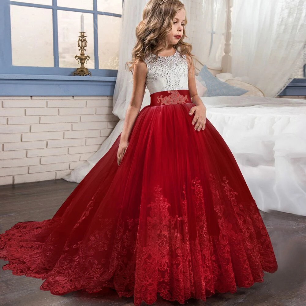 Kids Elegant Red Dresses for Girls Long Tail Wedding Dress Fluffy Girl First Communion Dress Lace Sleeveless Long Evening Dress