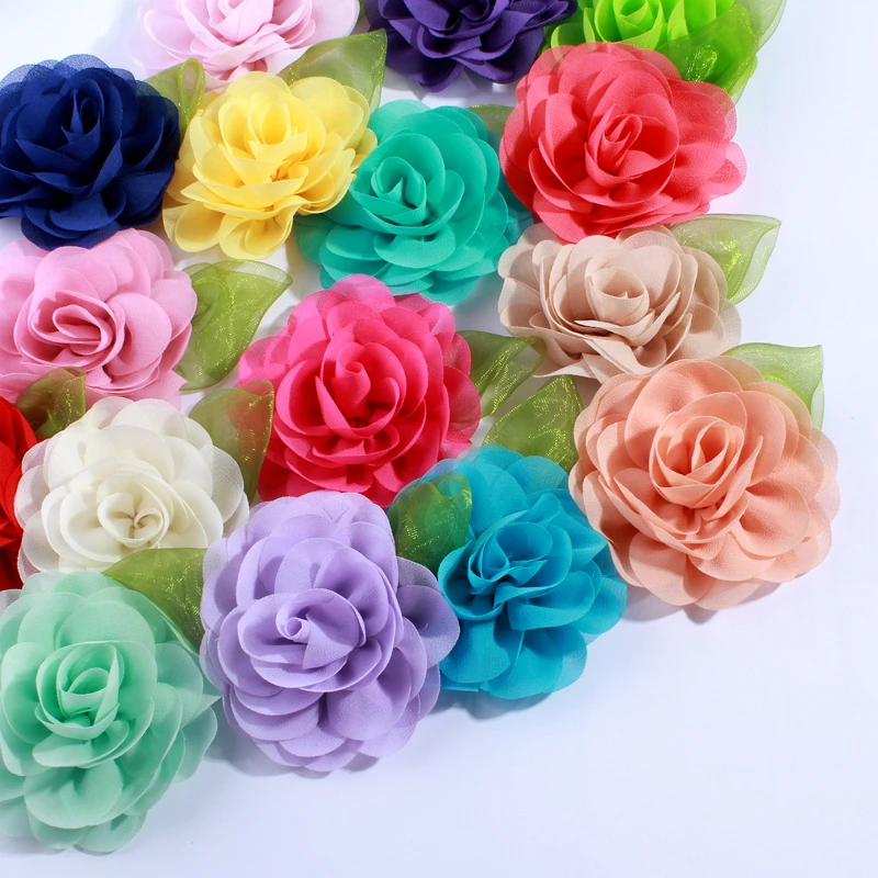 10PCS 8.5CM Fashion Chiffon Fabric Flower With Green Leaf For Wedding Dress Decoration Artificial Flowers For Wedding Invitation