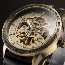 Shenhua Brand Vintage Bronze Automatic Skeleton Mechanical watches Men Analog Leather Wrist Watch Casual Watch ErkekKol Saati