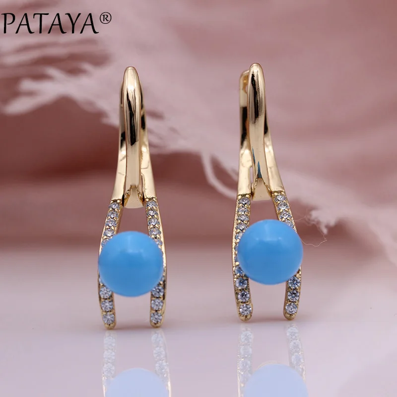 

PATAYA New Fine Turkish Blue Shell Pearls Drop Earrings 585 Rose Gold Color Fashion Jewelry White Round Natural Zircon Earrings