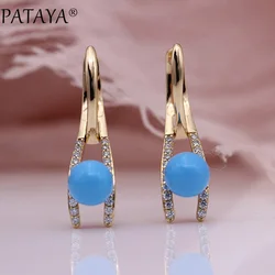 PATAYA New Fine Turkish Blue Shell Pearls Drop Earrings 585 Rose Gold Color Fashion Jewelry White Round Natural Zircon Earrings