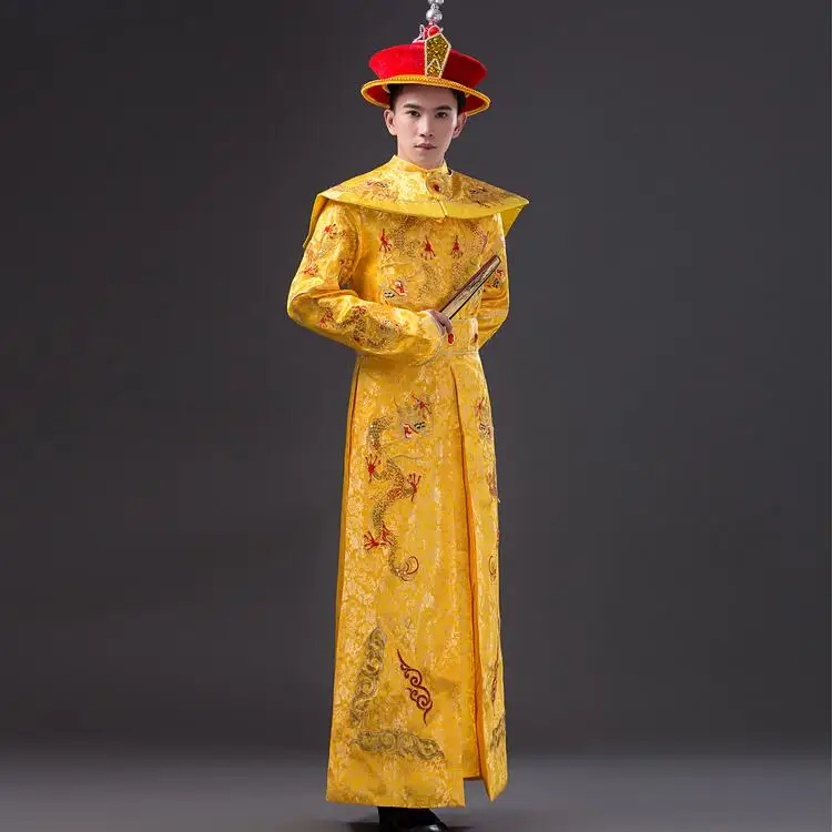 

Chinese Emperor Costume Qing Dynasty King Men Dragon Robe Include Hat Vintage Stage Gold Colour