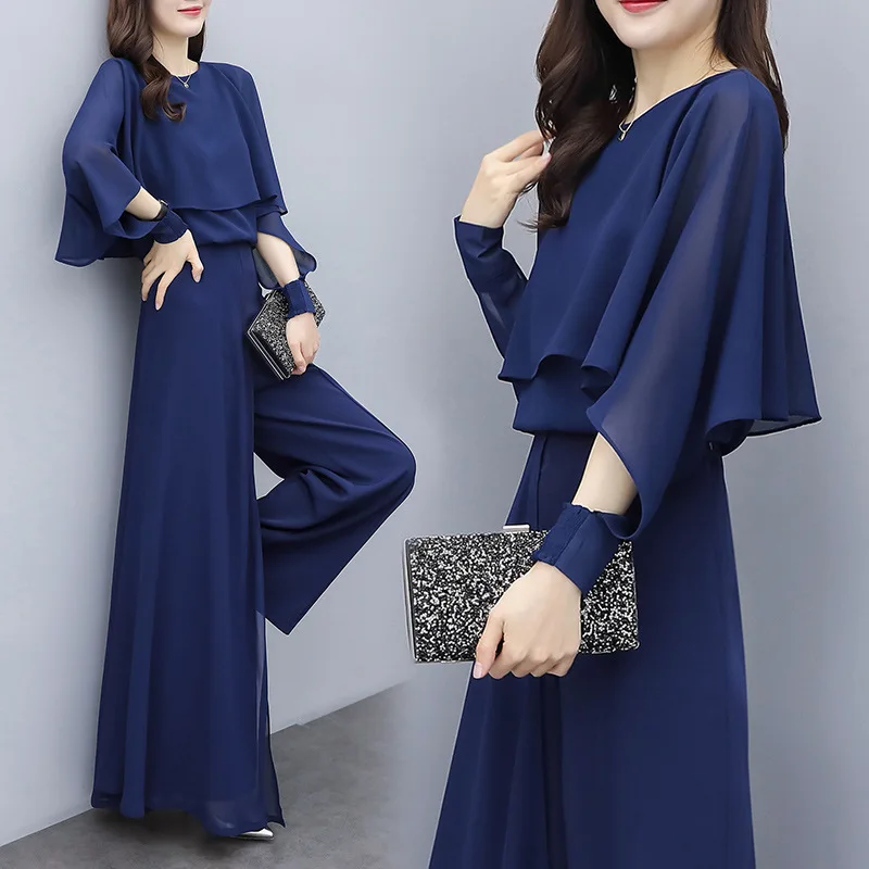 Spring Summer Elegant Two Piece Set Women Chiffon Batwing Sleeve Shirt+High Waist Wide Leg Pants Sets Lady Trouser Suits W1009