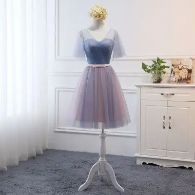 Beauty-Emily Tulle Pink Bridesmaid Dresses 2019 Short V-neck Lace A line  Wedding Party Gown Formal Dress  Robe De Soiree