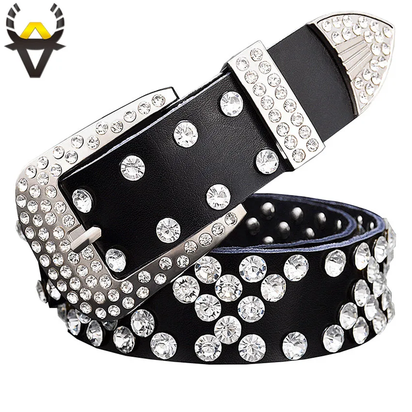 Mode Strass Echt Lederen Riem Voor Mannen Designer Luxe Riemen Voor Vrouwen Kwaliteit Koe Huid Unisex Taille Band Breedte 3.3 cm