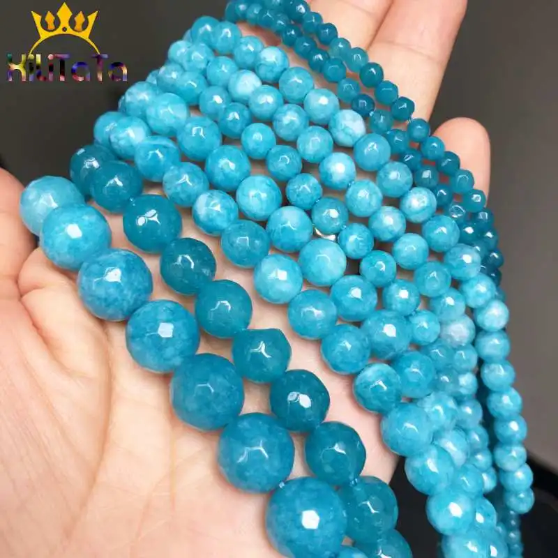 Natural Stone Beads Faceted Blue Chalcedony Stone Beads For Jewelry Making DIY Bracelets Necklace Accessories 15\'\' 4/6/8/10/12mm