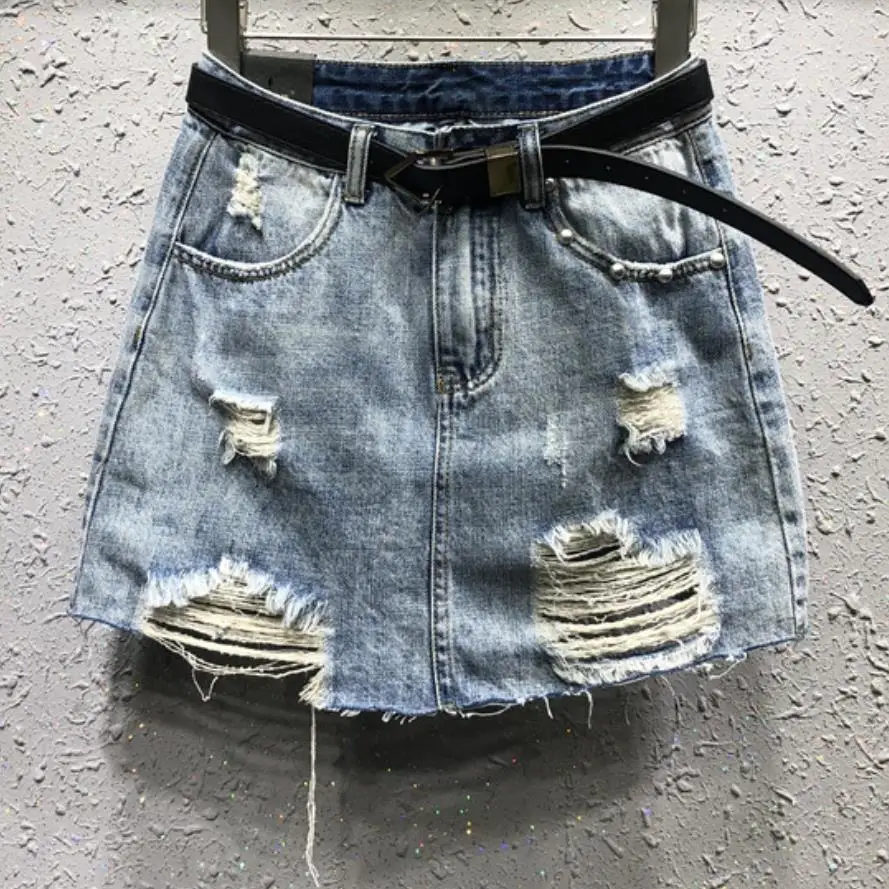 

Blue Ripped Casual Mini Denim Skirt Summer New Women Basic Pocket Jeans high Waist Skirt